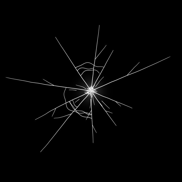 The crack atlas: a crushed white star at the centre, ten radial cracks running out from it that kink and branch and end at different lengths, and short ring cracks between them near the point.