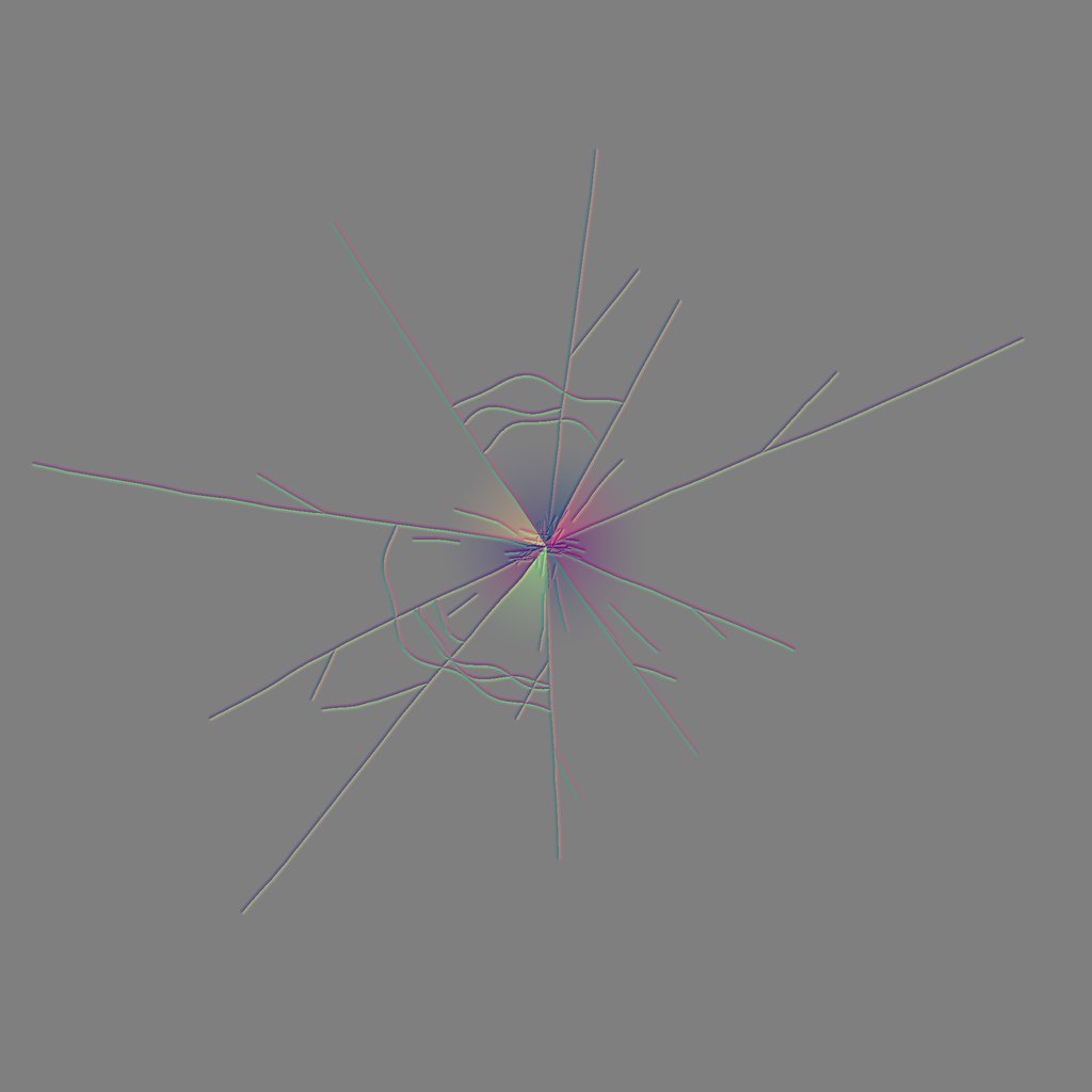 The same atlas shown as its tilt field: small wedges of colour around the point where the chips refract, thin coloured bands along every crack, and flat grey everywhere else.