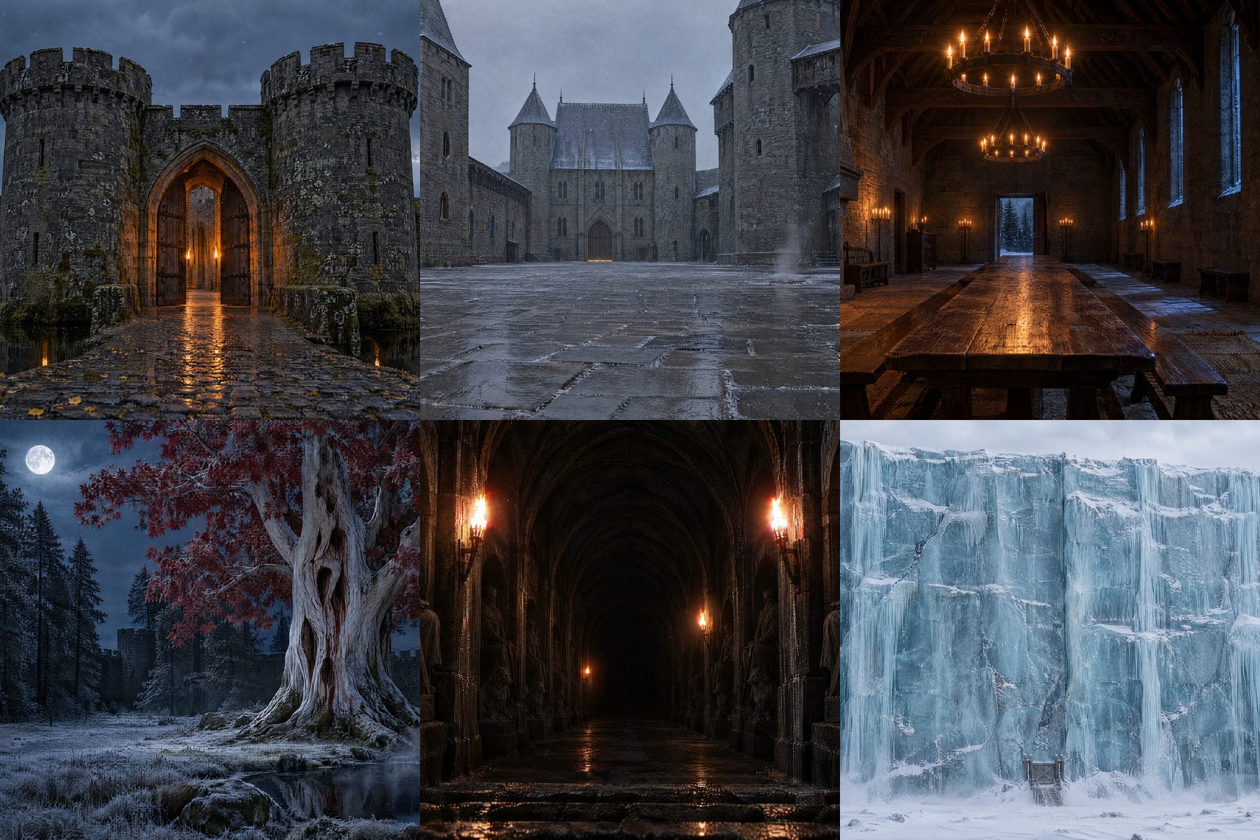 Six square tiles in story order: the gatehouse at dusk, the snowy courtyard, the Great Hall by candlelight, the white heart tree with red leaves under a moon, the torchlit crypts, and the ice wall.