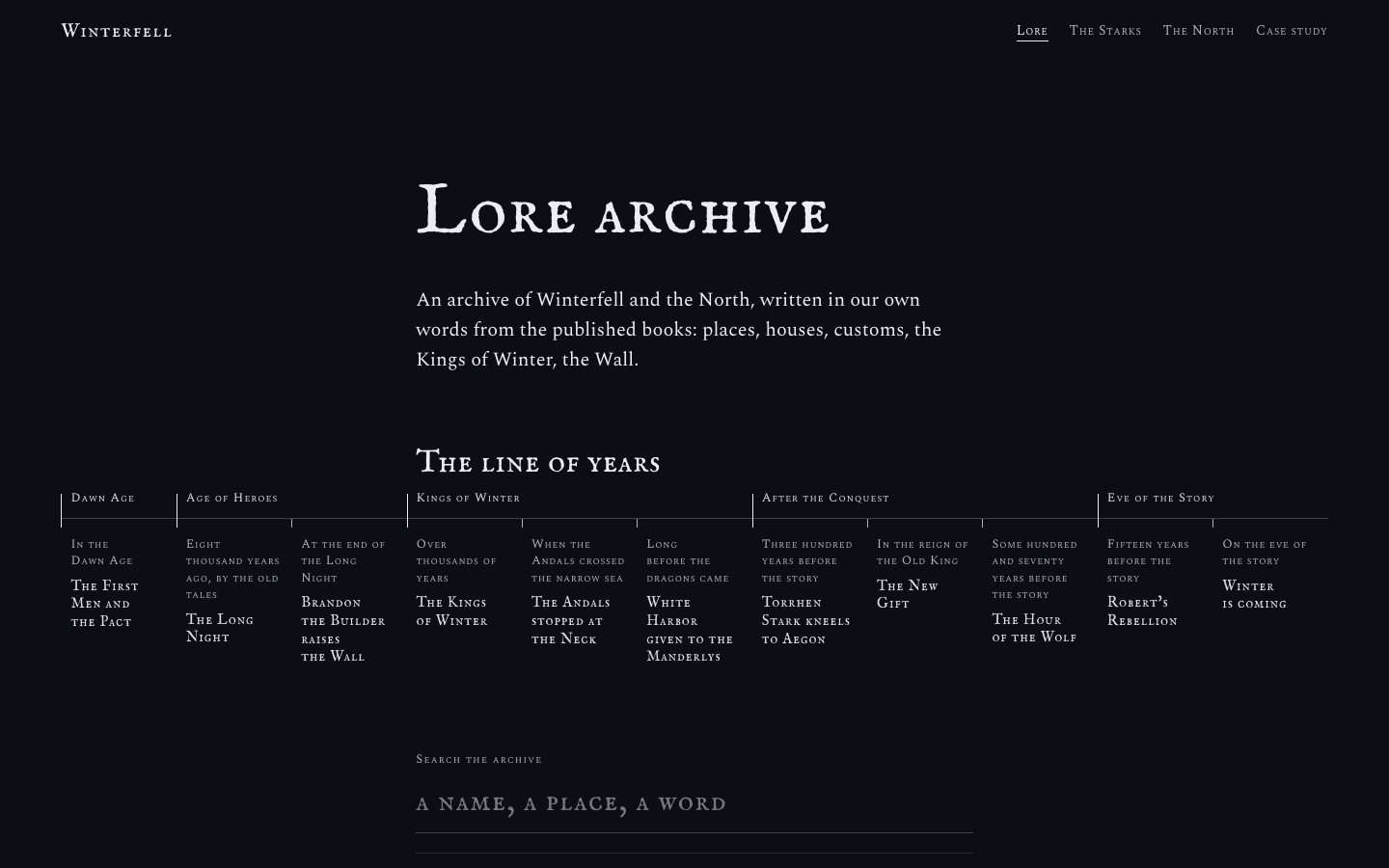 The lore archive: a list of entries with eras and kinds, searchable, in the site's type on charcoal.