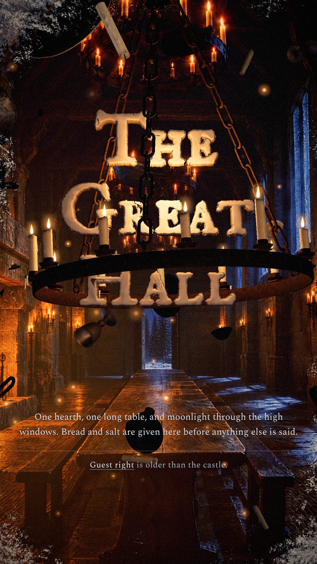 Reel frame at 5.3 seconds: THE GREAT HALL carved over three lines with the lit chandelier ring through it.