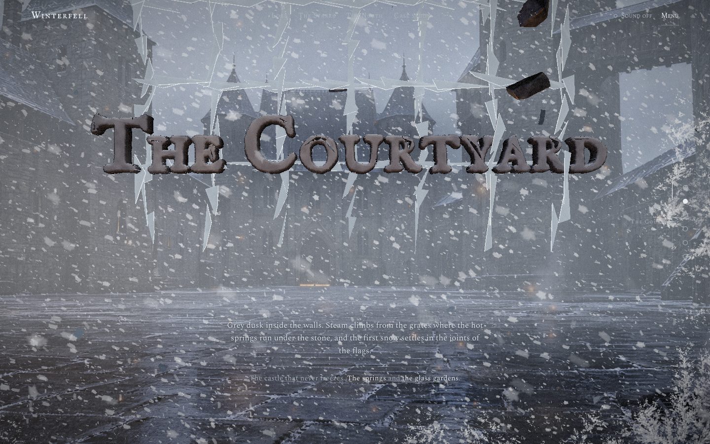 The courtyard in grey dusk and snow: THE COURTYARD carved in stone hangs in the air, with a portcullis of jagged ice bars and teeth rising through it.