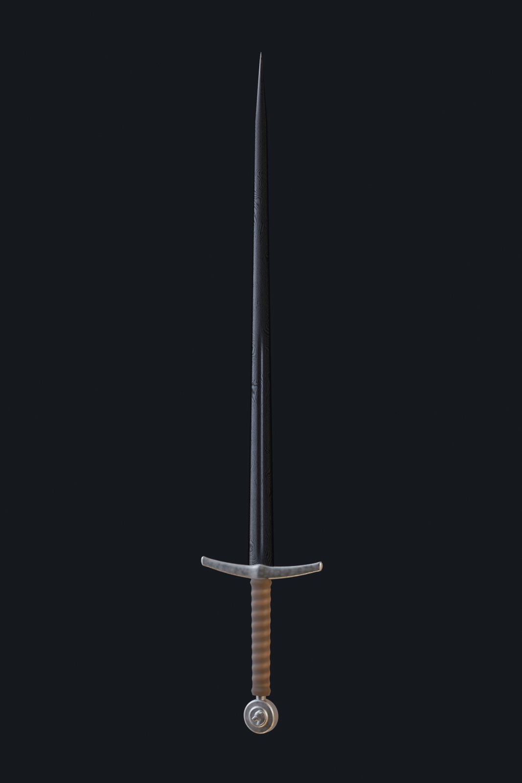 The whole sword on a dark ground: dark banded blade, bright steel cross, leather grip, wheel pommel.