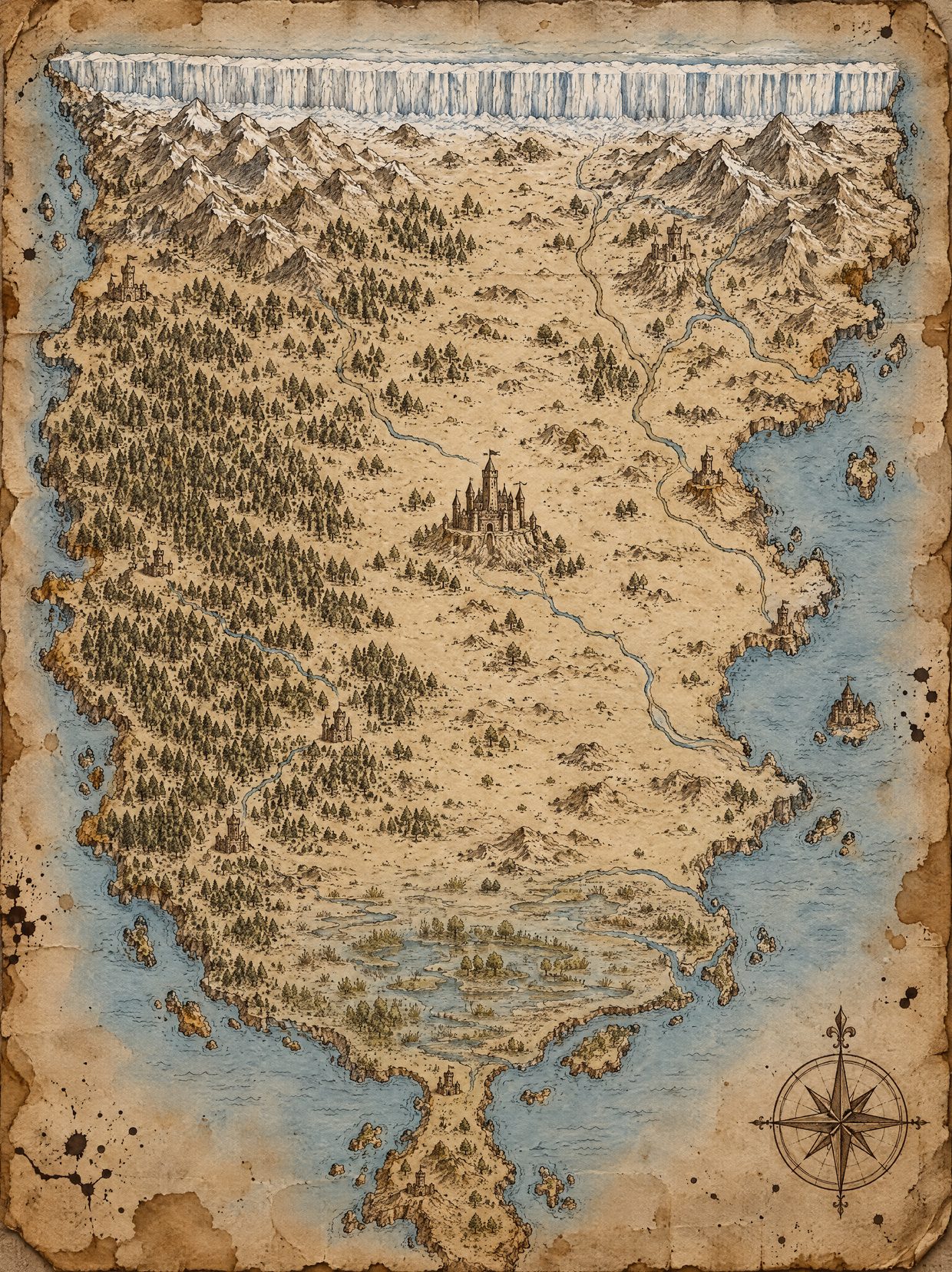 An original parchment map of the North, from the Wall along the top to the Neck in the south, with castles, forests, rivers, hills and the sea.